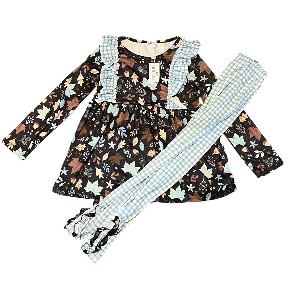 NEW Pete + Lucy Girls Fall Leaves Gingham Ruffle Tunic Leggings Set Size 10/12